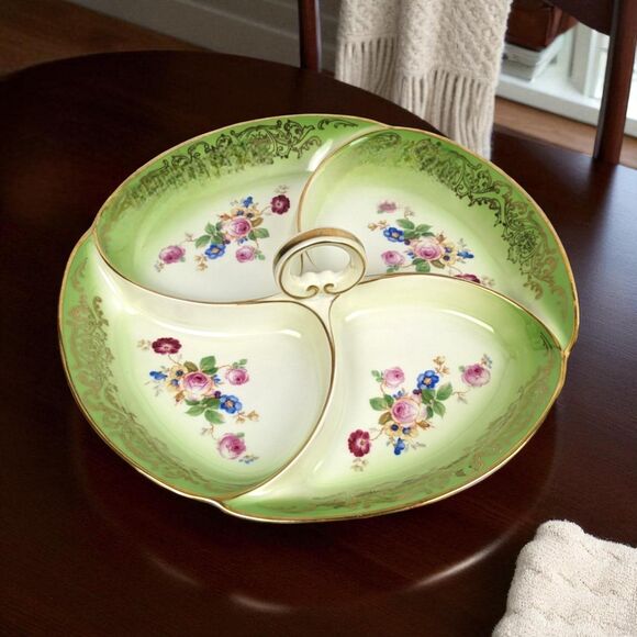 Vintage Tirschenreuth Bavaria Serving Tray: Green & Gold Floral Porcelain Dish - Picture 1 of 6